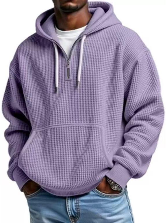 European Heavyweight Waffle Long Sleeve Hooded Sweatshirt - Men's Loose Fit, Pure Color, Casual Style