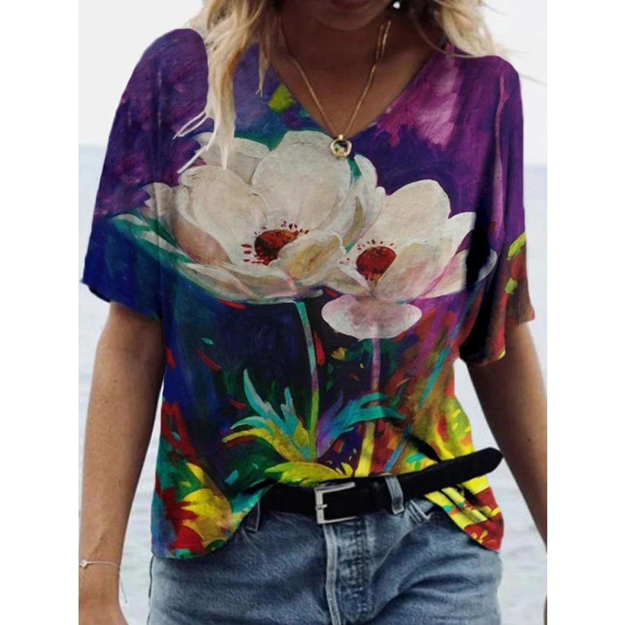 Damski T-shirt z krótkim rękawem i dekoltem V Luźny T-shirt Miejski Casual Nadruk 3D Damska Podstawa