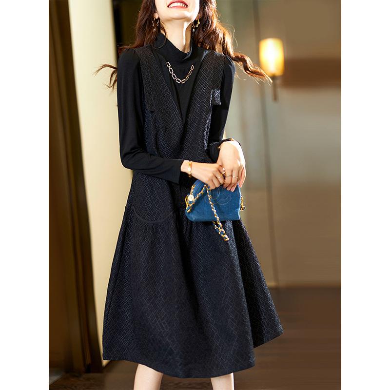 

Поддельное платье из двух частей жаккарда для женщин на осень, новый стиль, юбка-трапеция, большой размер, юбка 2XL чёрный