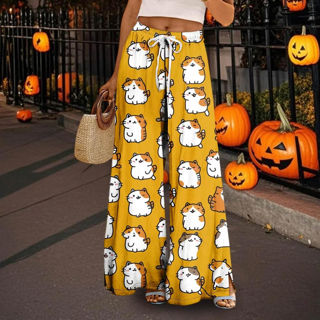 Women's Casual Wide Leg Pants Stretch Belt Pocket  Print Adjustable Tie Pants