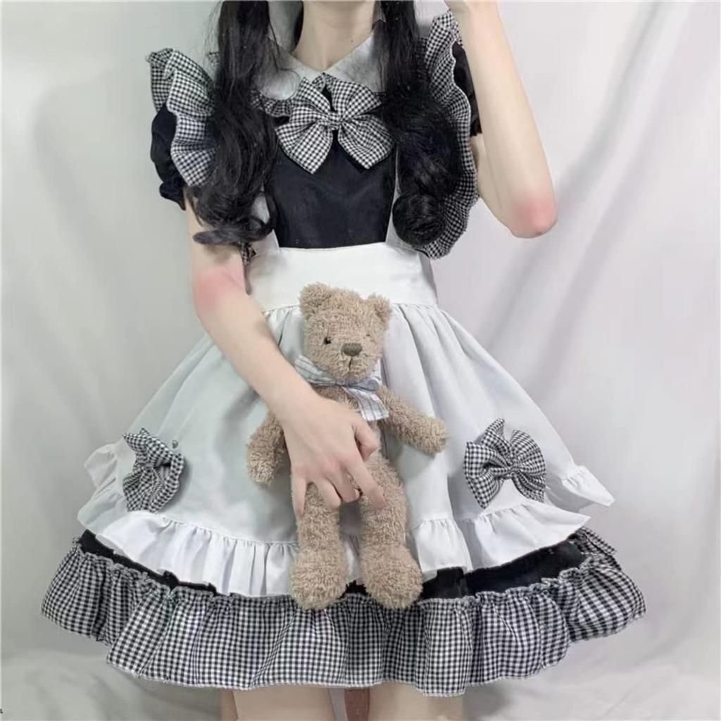 Maid Gothic Lolita Check Plus 2XL [FULINE] Costume, Cosplay, Cross-Dressing, Cute, Dress, Black, Size,