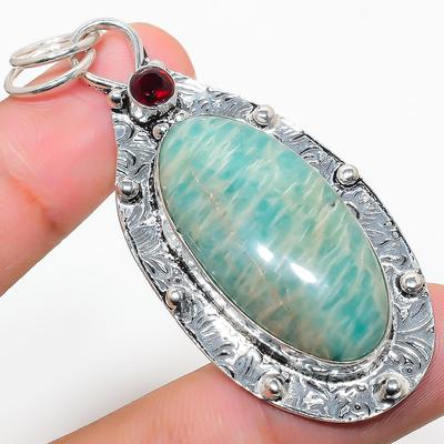 Natural Amazonite, Garnet Gemstone 925 Sterling Silver Pendant 2.60" q3U79