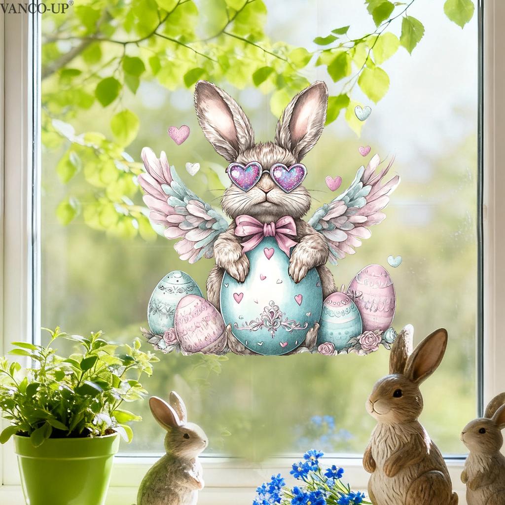 Easter Window Stickers, Creative Cute Floral Bunny Eggs Decor, Static Cling Glass Decals for Bedroom Living Room Holiday Decoration