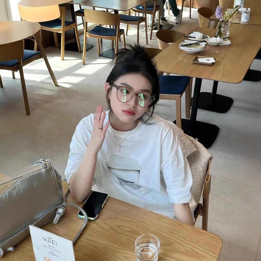 Women's Large American Retro Loose-Fit Short-Sleeve T-Shirt - Casual Summer Round Neck Style