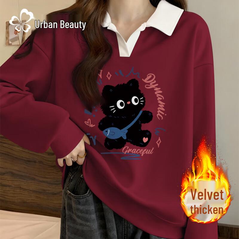 

Dushi Liren Women s Relaxed Cat Fleece Lined Polo Sweatshirt 2XL