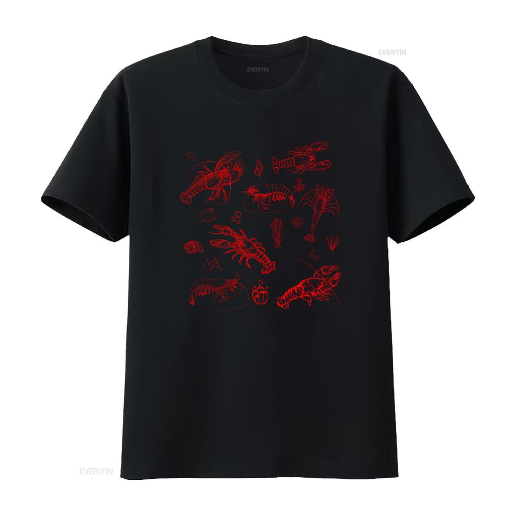 Casual Streetwear Line Art Red Seafood Lobster Shrimp Print T Shirt Vintage Washed Unisex Soft Fashion Stretched