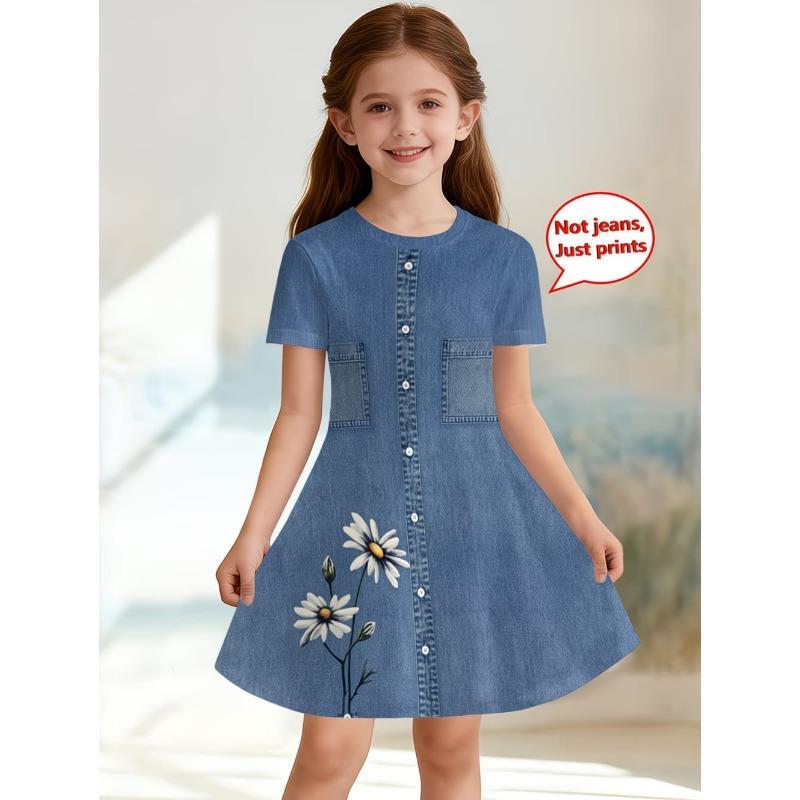 Dress for Girls Fashion Cowboy Print Fake Two-Piece Set Short Sleeve Summer Dresses Casual Round Neck A-Line Dress Girl Clothes