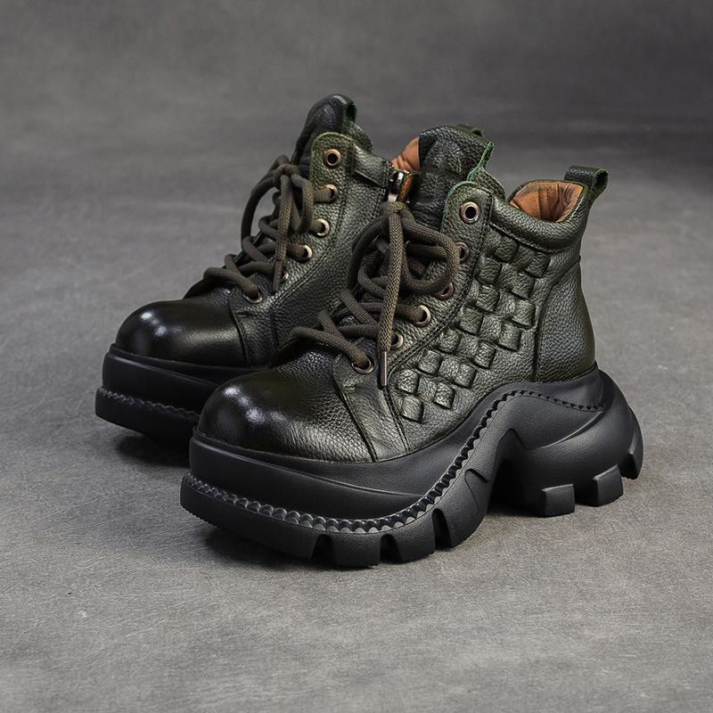 Johnature Retro Genuine Leather Thick Soled Short Boots Comfortable Side Zipper Women's Platform Shoes