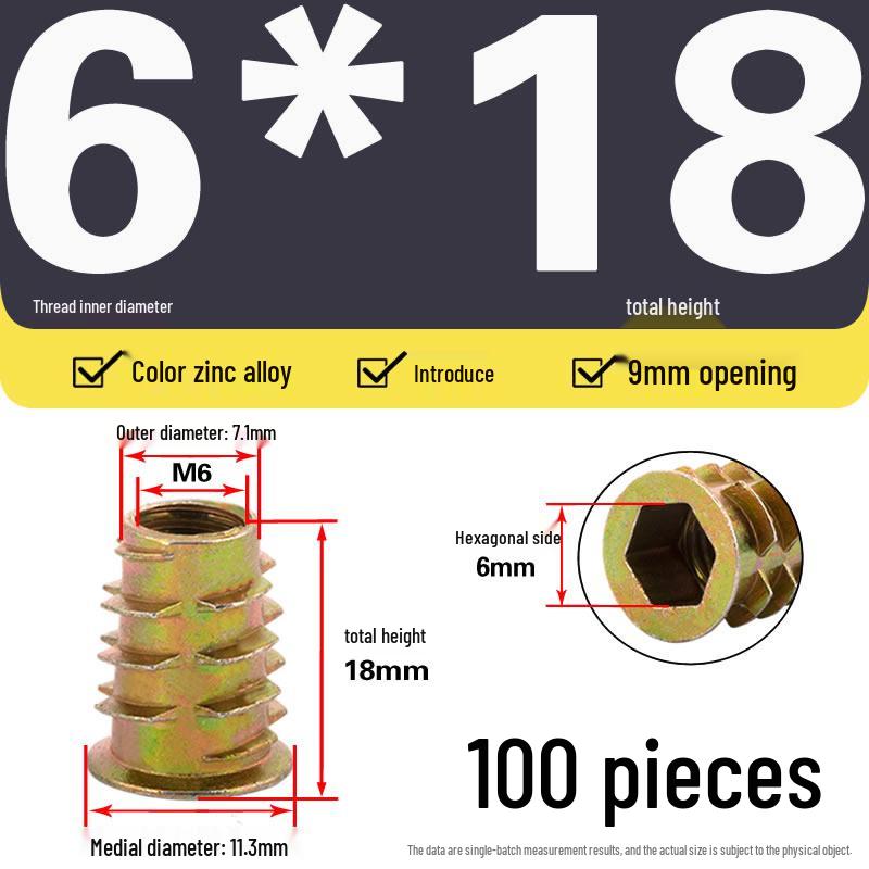 Zinc Alloy Hex Self-Tapping Nut with Washer for Furniture, Internal/External Thread, Medium Wood, Sizes M4-M8.