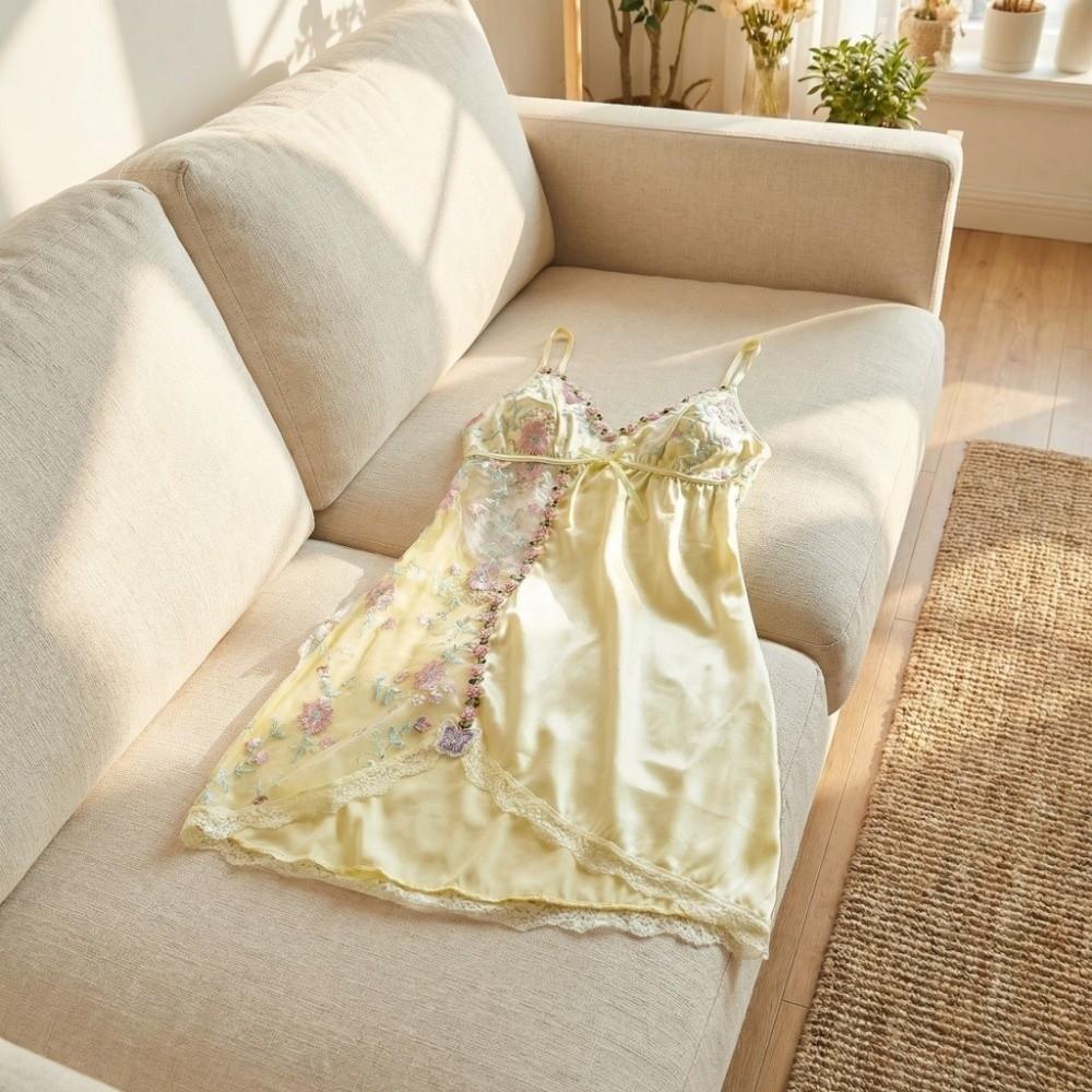 Embroidered Ice Silk Suspender Nightdress Thin Lace Bow Slim Sling Nightgown  Spicy Girl