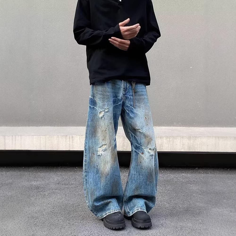 American retro loose dirty jeans men's niche design sense ripped cat whisker pants couple tide high street casual