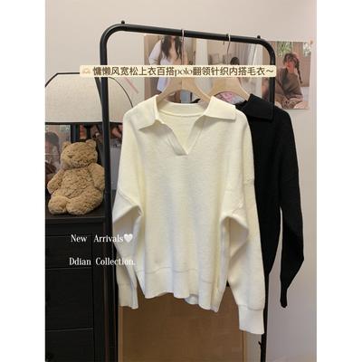 Haut uni à col polo printemps ample doux cireux et fin sous-pull avec pull en tricot à l'intérieur femme