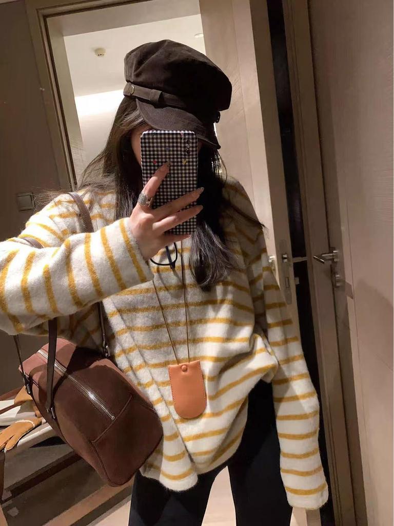 Women's Plush Faux Cashmere Striped Long Sleeve T-Shirt - Autumn Winter Thickened Knit Top