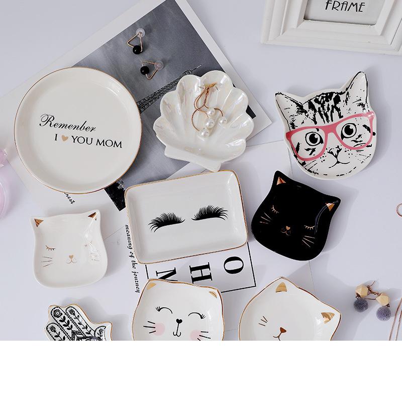 Creative Ceramic Jewelry Dish Trinket Dish Small Jewelry Tray Decorative Plate Cat Shell Eyelashes Hand Plates Decoration Crafts