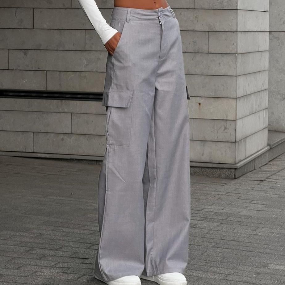 Women's Street Style Design Sports Pants Fashion Solid Color Female High Waisted Straight  Cargo Trousers