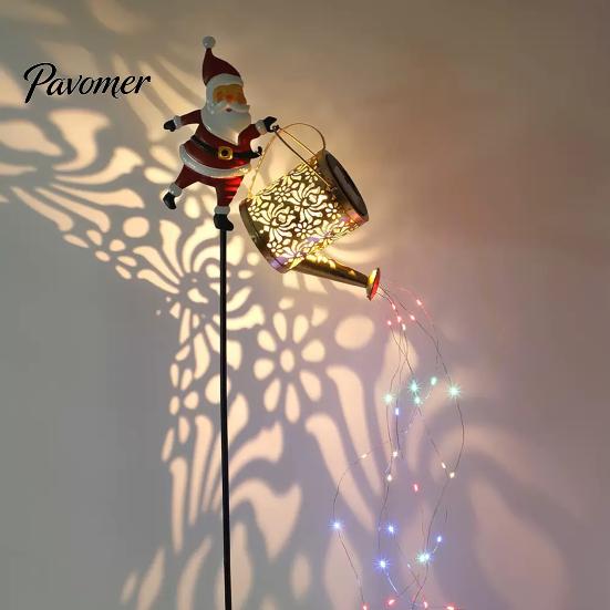 Metal Yard Ornaments for Gift Christmas Solar Santa Kettle Light, Solar-Powered Claus Watering Can Stake Lamp Decorative Stakes with LED String,