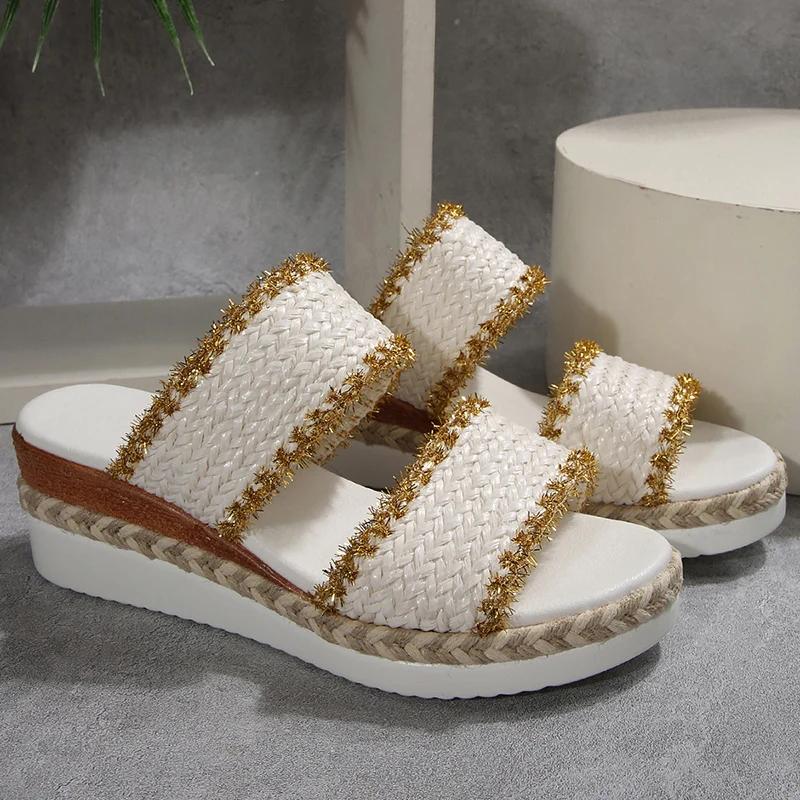 Fashion Vintage Woven Wedge Heeled Slippers Women Summer Plus Size 36-43 Thick Bottom Sandals Woman Comfort Platform Beach Sandles Mujer