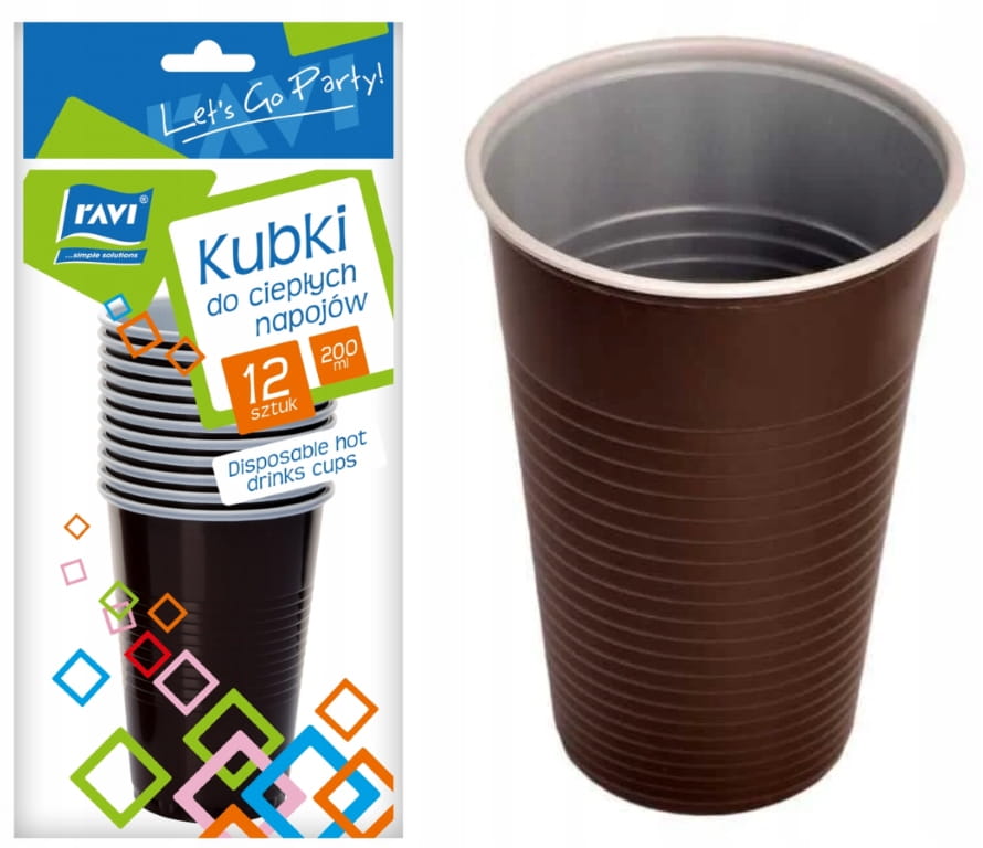 Plastic cups for hot drinks, 12 pieces, 200 ml, brown, disposable