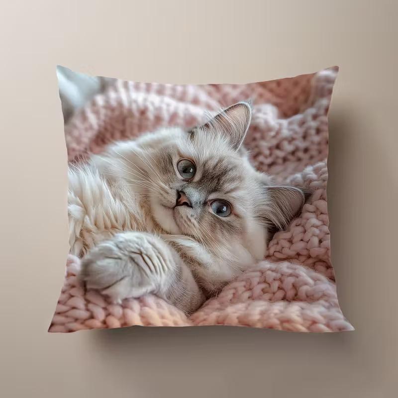 Colorful Bohemian Short Plush Pillowcase 45x45cm Adorable Kitten Living Room Bedroom Decor (Pillow Insert Not Included)