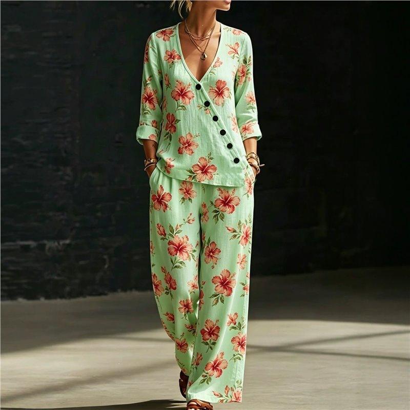 European and American Summer New Blue and White Tie-dye Gradual Change Diagonal Shirt Wide-leg Pants Two-piece Set Women's Casual Long-sleeved Suit