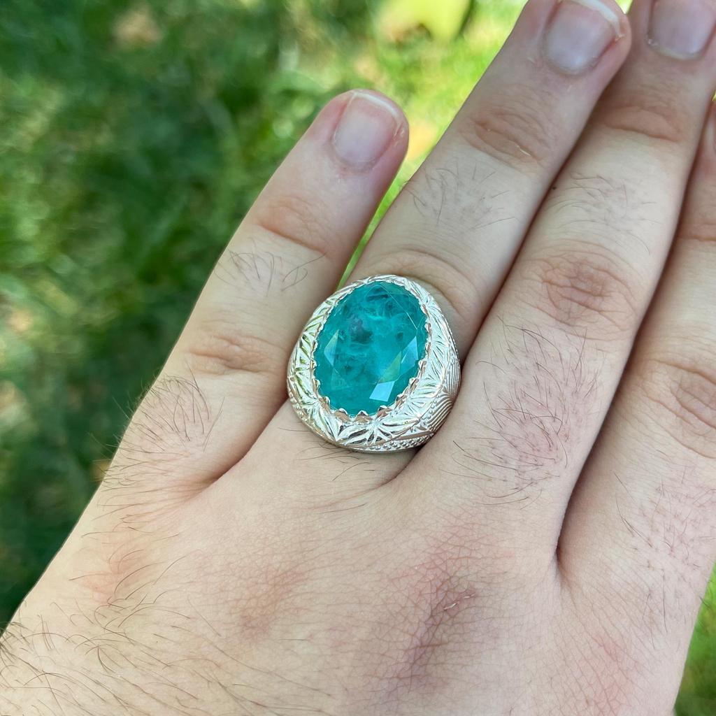 925K Ice Blue Paraiba Tourmaline Silver Men Ring, Unique Stone Men Ring, Turkish Handmade Artisan jewelry, Gift Idea for Men