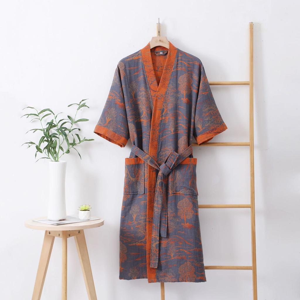 Accappatoio in puro cotone a doppio strato di garza, primavera/estate, tessuto tinto sottile, abbigliamento per la casa, pigiama kimono in stile giapponese per coppie