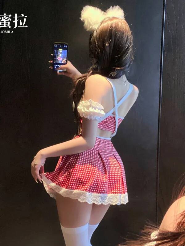 Sexy Reines Verlangen Ausgeschnitten Verführung Ultra Kurzer Rock Karierter Uniform Leidenschaftskleid Elegant Rosa Süßes Minikleid Sexy AED8