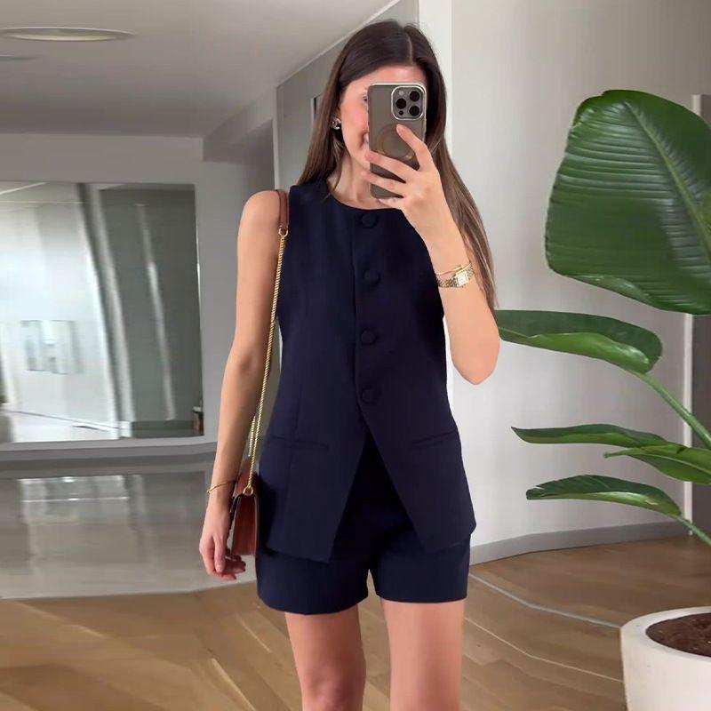 

European and American Foreign Trade Cross-Border Summer Sleeveless round Neck Vest Long Top High Waist Straight Shorts Temperament Set Navy blue (shorts) S