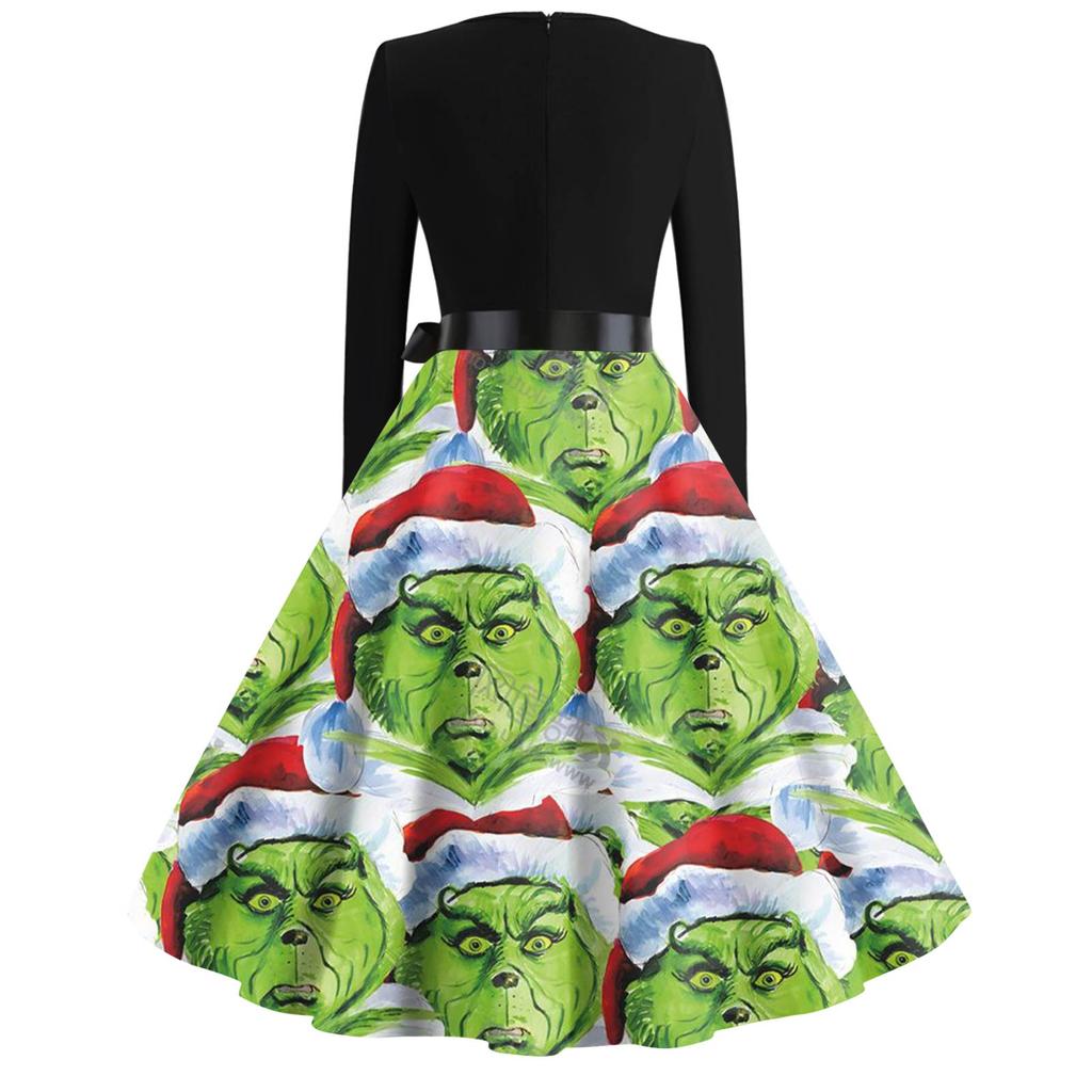 Damenmode V-Ausschnitt Lässig Slim-fit Weihnachts-Print Langarmkleid