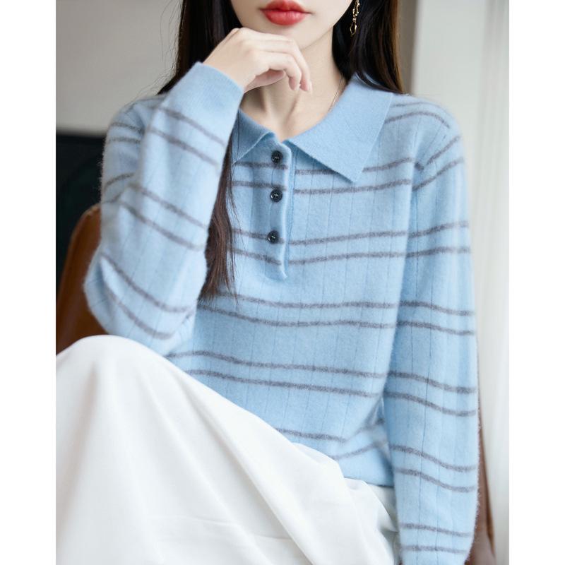 Women's 100% Pure Wool Color Block Stripe Knit Sweater - 2025 Autumn/Winter Collection