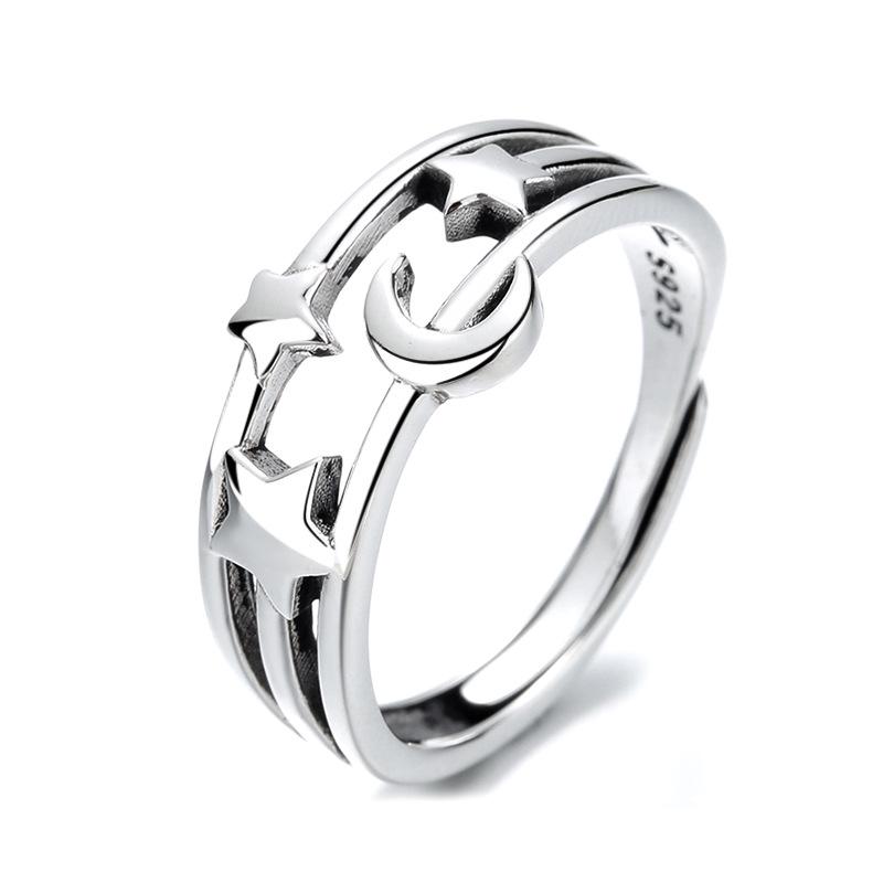 CaiYi S925 Sterling Silver Star & Moon Korean Style Ring for Women – Unique Design, Hollow Star Moon Index Finger Ring