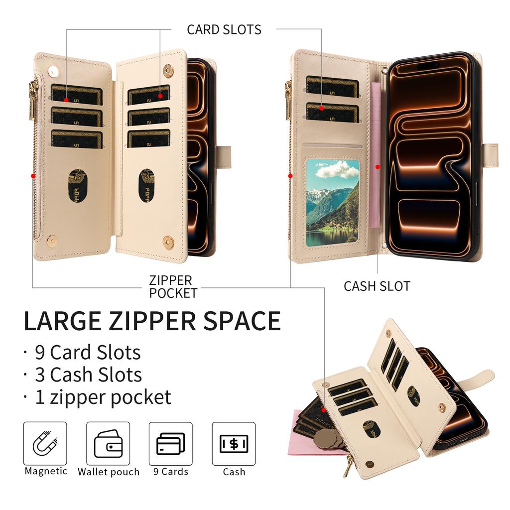 Faux Leather Phone Case for Samsung S26 S25 S24 23 S22 S21 S20 Plus FE Ultra Edge Magnetic Button Closure Wallet ZIPPER AndRFID