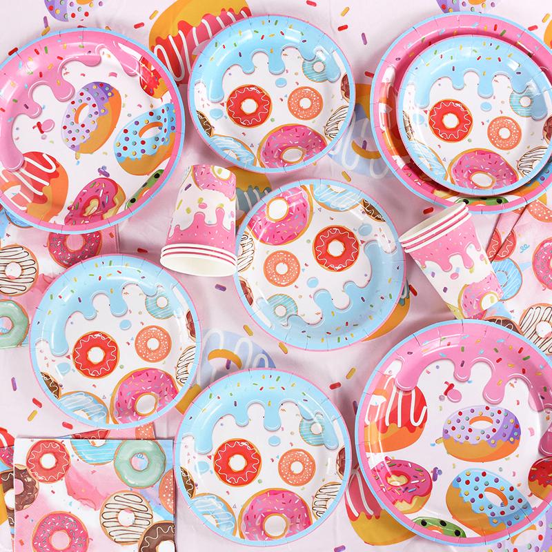 Donut Party Disposable Tableware Set Paper Plate Cup Tablecloth Kids Girls 1st Birthday Party Decoration Supplies Baby Shower