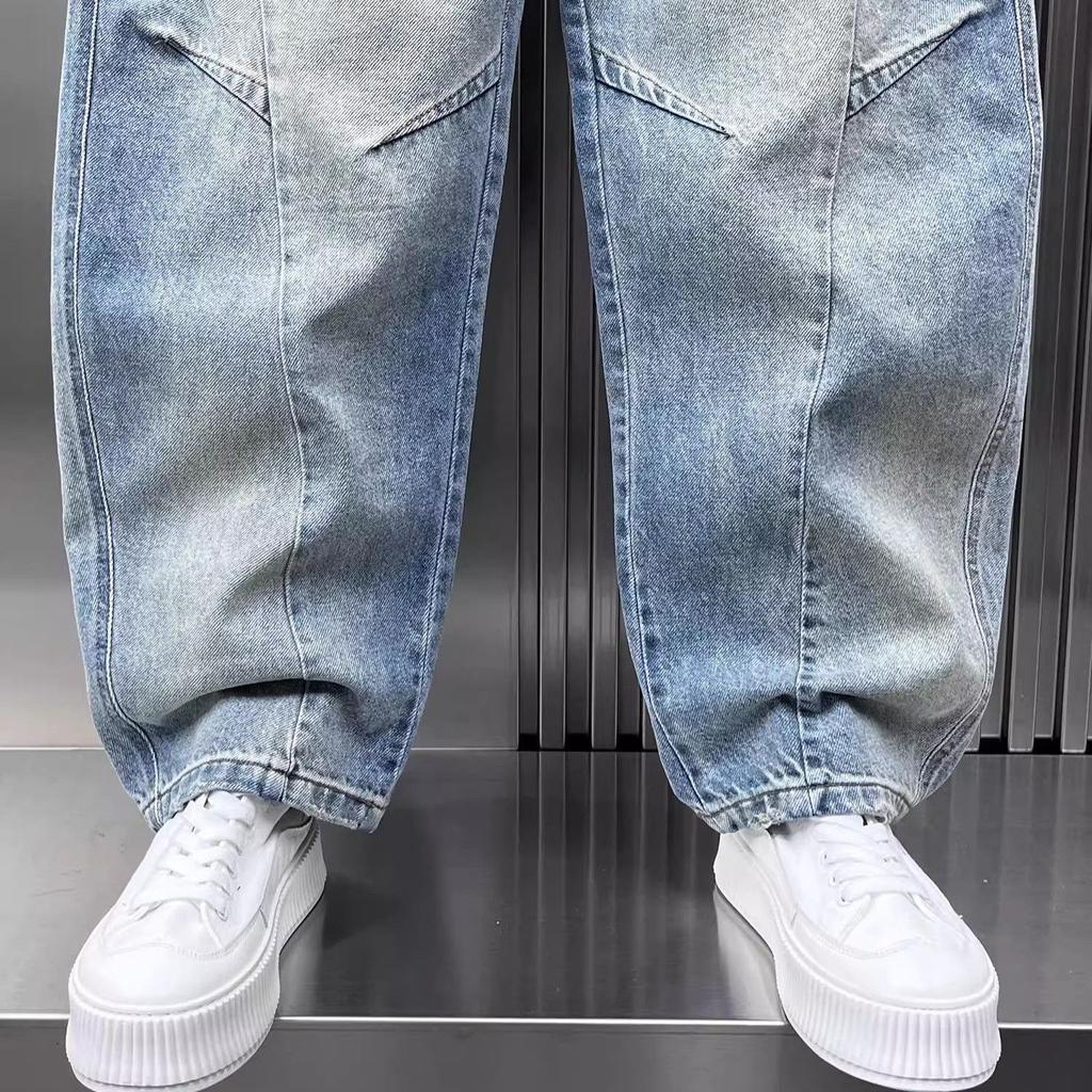 Drawstring Splicing Retro Washed Jeans Men's Korean Handsome Pants Spring Autumn Work Pants Men