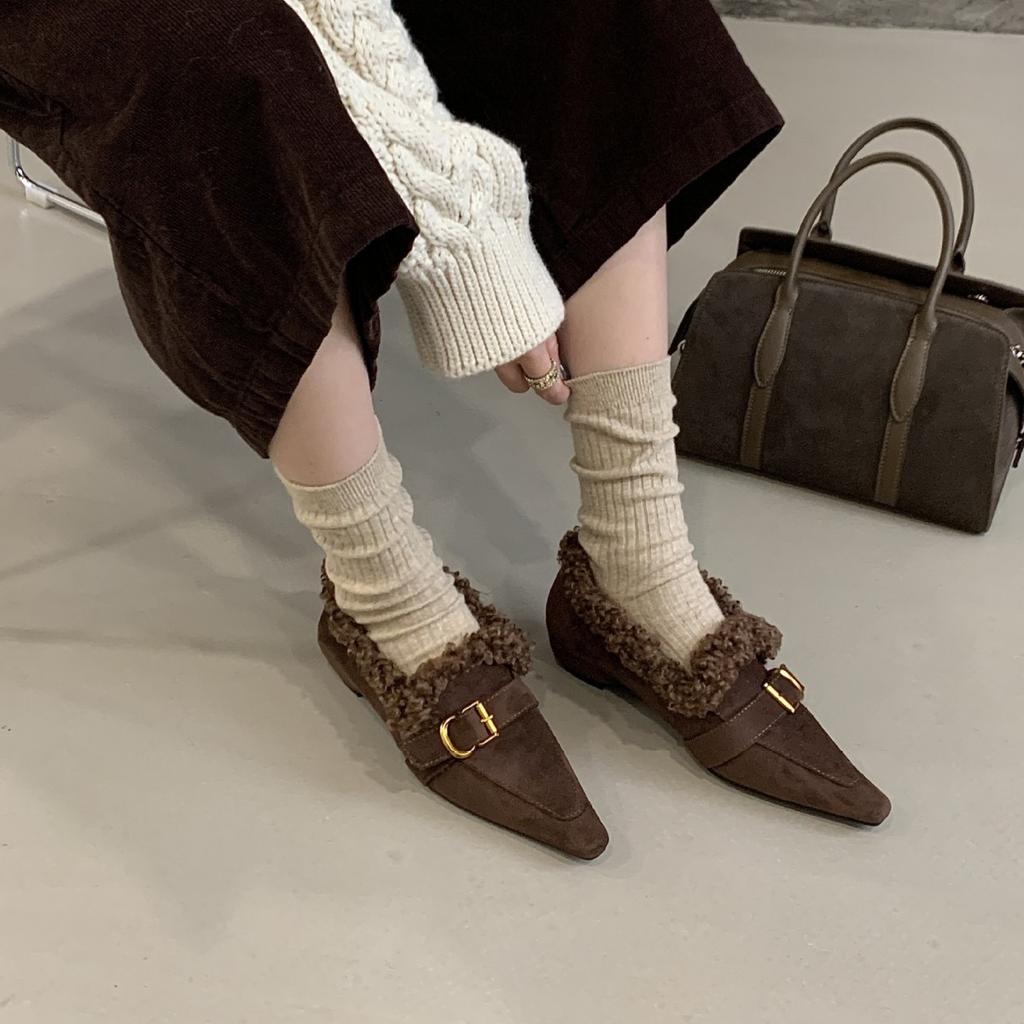 New pointed inner thick heel one-word buckle versatile commuter soft sole belt buckle foot women's warm single shoes