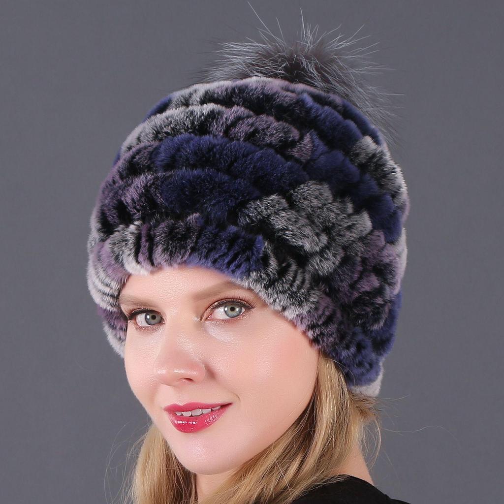 Women's Fur Hat with Rex Rabbit and Fox Fur Pompon for Autumn and Winter