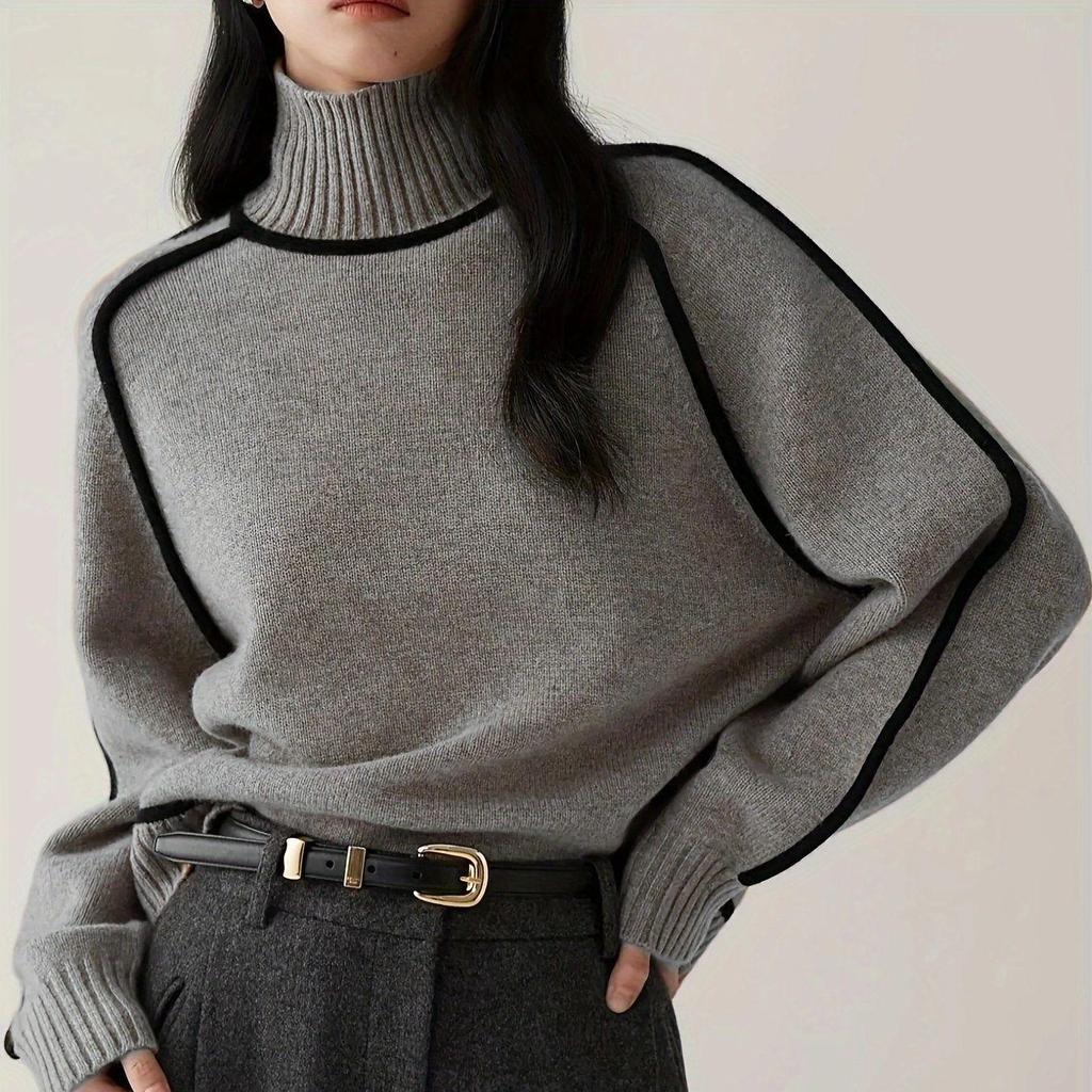 Women's Elegant Sweater Long Sleeve Turtleneck Pullover Sweater In Light Blue & White Horizontal Stripes Classic Knitwear Comfortable Stylish Top