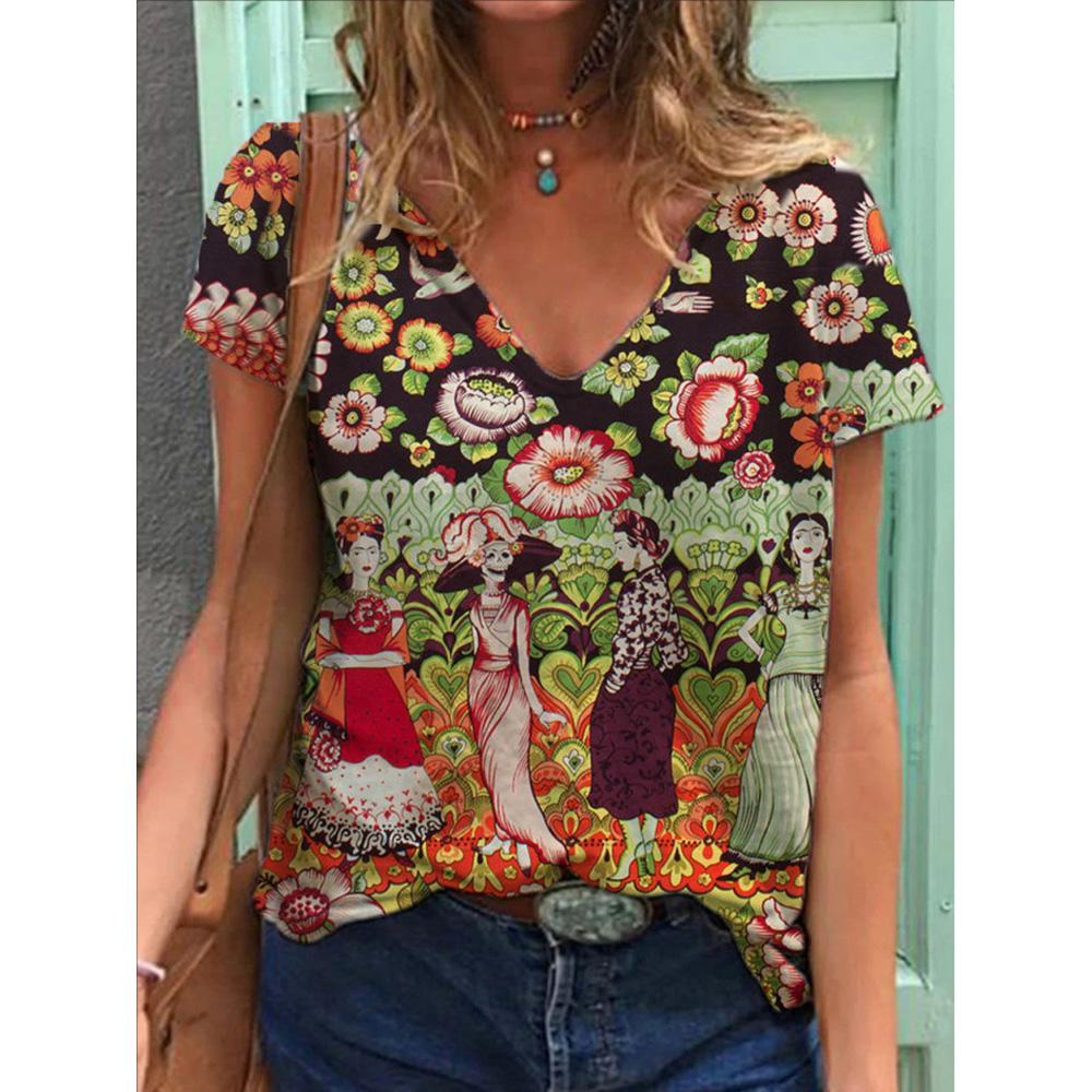 

Модные блузки с весенним цветочным принтом, футболки с V-образным вырезом и короткими рукавами, повседневные M оранжевый