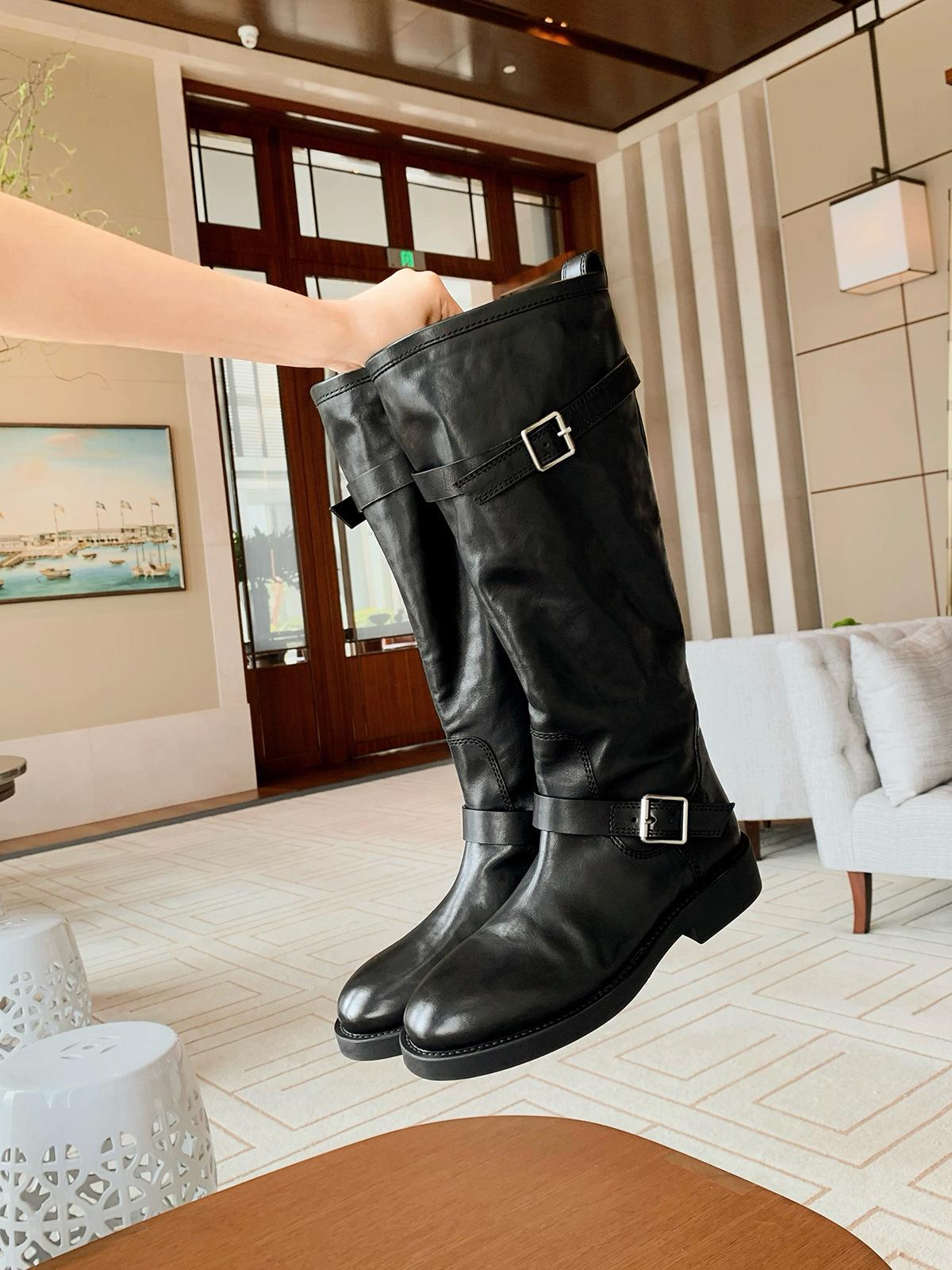 

Cowhide version~ retro pointed round head belt buckle thick heel boots women s autumn and winter new thin boots leather knight boots 35