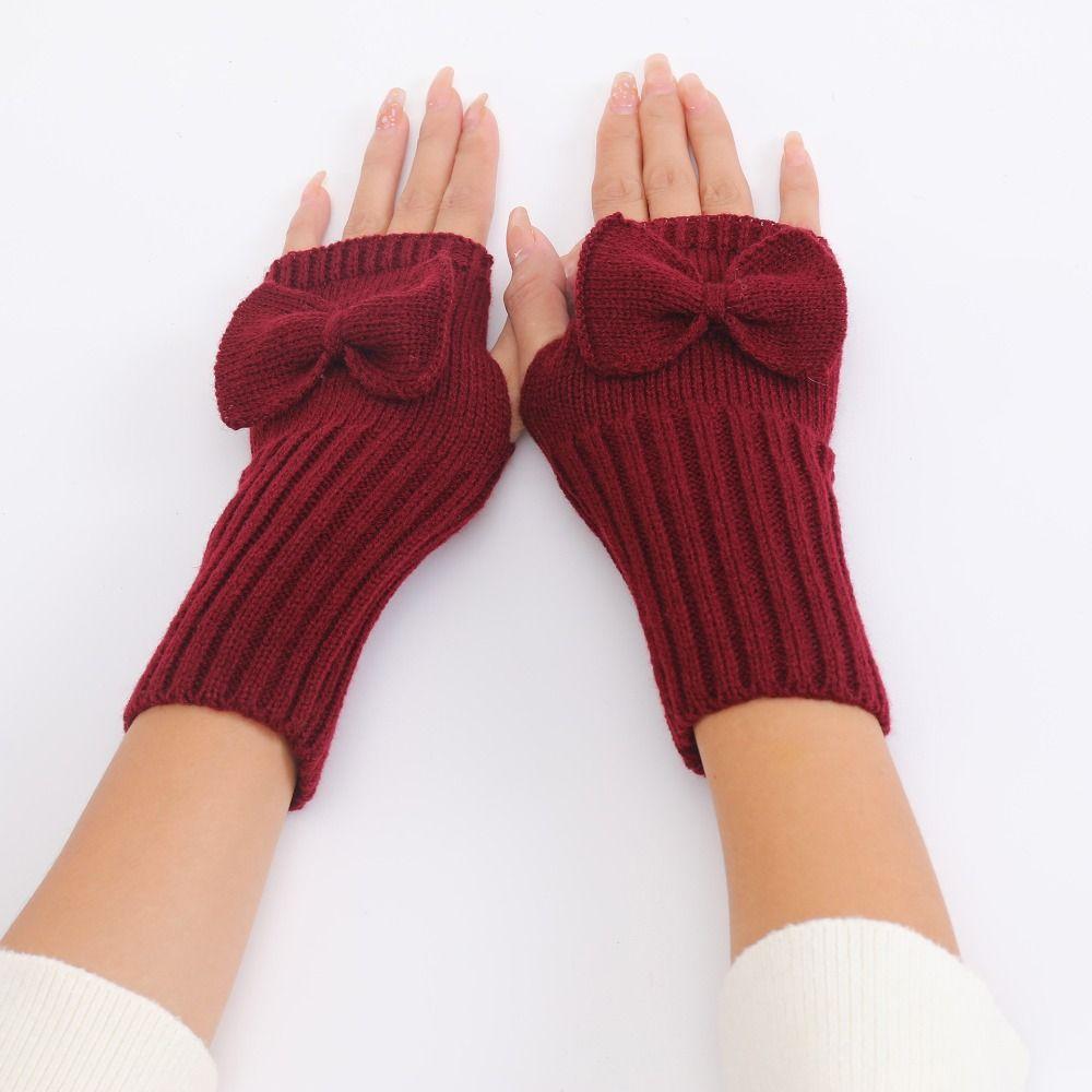 Thick Warm Bowknot Knitted Gloves Soft Half Finger Gloves Cute Arm Warmers  Women Girls