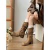 Cowhide Version~ Thick-soled Boots, Waste Retro Style Knight Boots, Women's Genuine Leather Frosted Fringed Hemp Rope Thick Heel Medium Boots