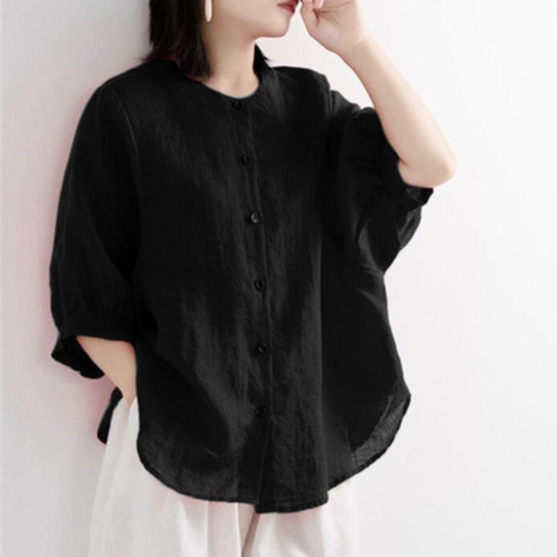Summer Cotton Shirt Women's Lantern Sleeve Retro Blouse Large Size Loose Mid-sleeved Shirt Women