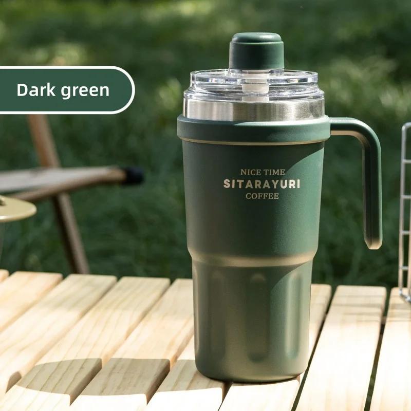 

600ml stainless steel insulated travel mug with straw, double wall vacuum thermos cup for iced drinks and coffee 600ML темно-зелений колір