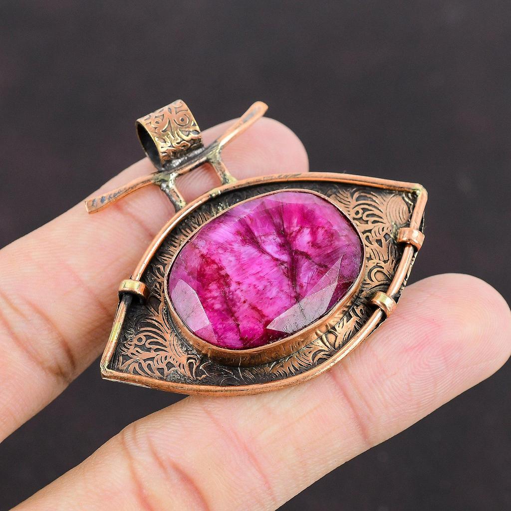 Faceted Kashmir Ruby Pendant Copper Pendant Gemstone Jewelry Birthstone Pendant Handmade Jewelry Pendant For Women Oxidized Copper Jewelry