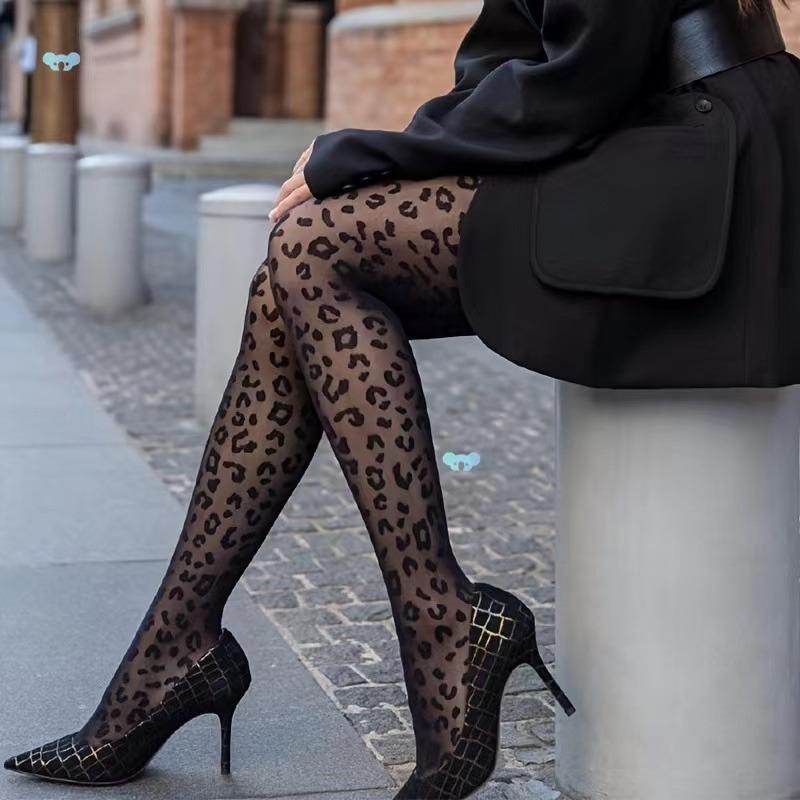 Sexy Vintage Leopard Print Black Pantyhose Women Fashion Slimmer Look Thin Style Stockings