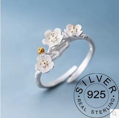 925 Sterling Silver Rings For Women Geometric Fine Jewelry Finger Adjustable Cute Flower Leaf Zirco Ring For Party Birthday Gift