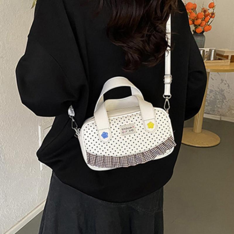 Mini- Bowlingtasche mit Pünktchenmuster und Vichy-Rüschenbesatz Niedliche Blumenverzierung Vielseitiger oberer Griff und Umhängetasche Süße Tasche für Pendler