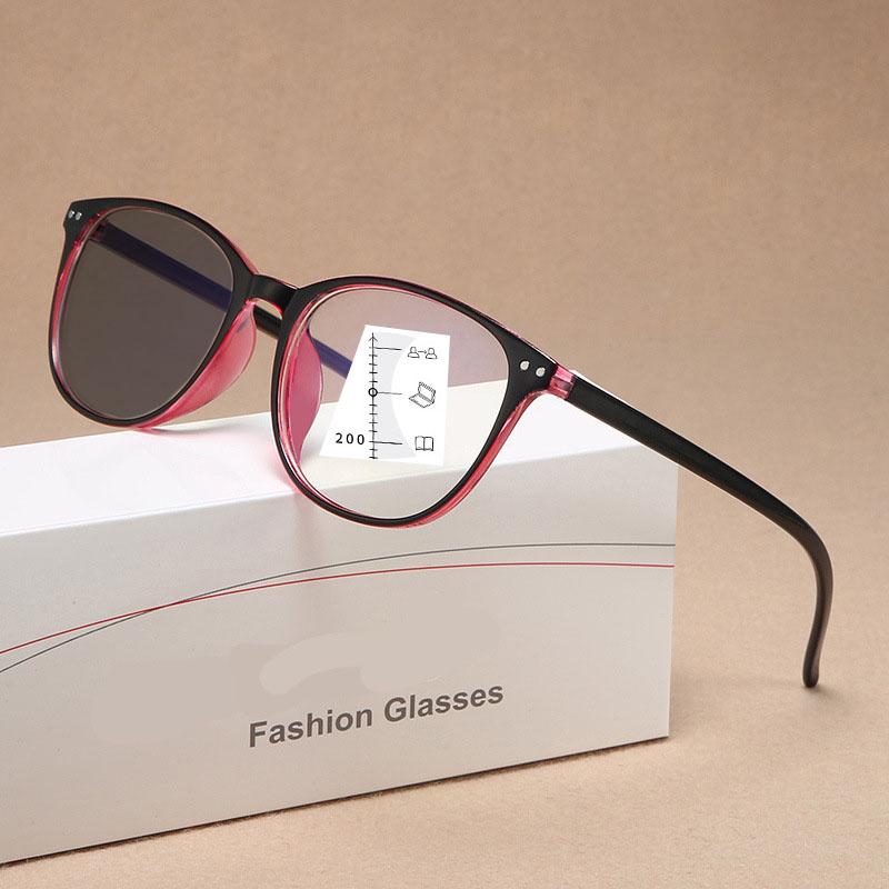 Women Round Photochromic Reading Glasses Trendy HD Color Changing Multifocal Glasses Men Anti-blue Ultralight Presbyopia 0+4.0