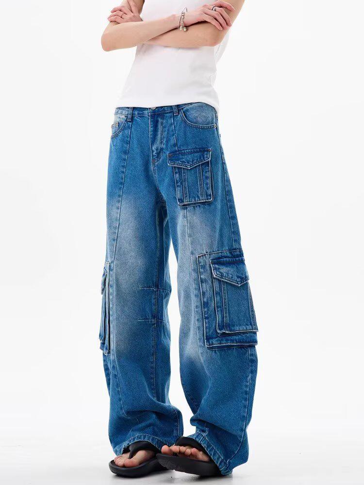 Hong Kong Style Hip Hop Letter Denim Pants: Trendy Summer Arrival for Men L синий