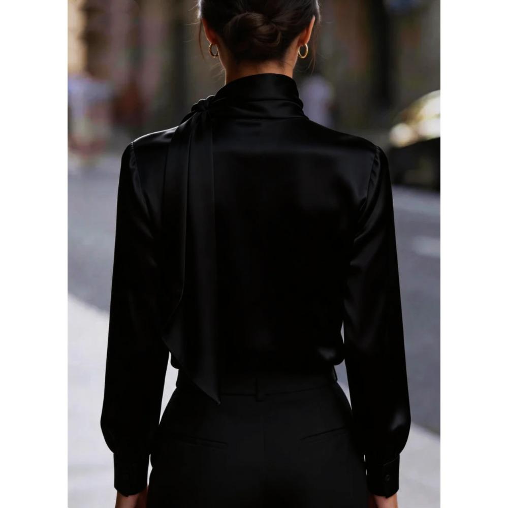 Chemise en Satin à Détails de Ruban – Chemise Longue pour Femme de Luxe Abordable avec un Col Montant pour le Lieu de Travail